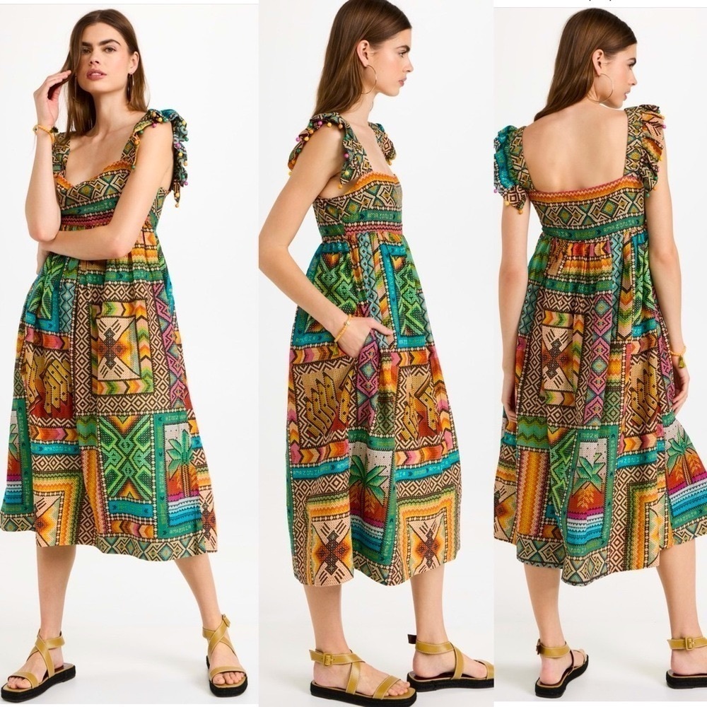 Farm Rio vibrant colorful green yellow patchwork design midi dress in size XS